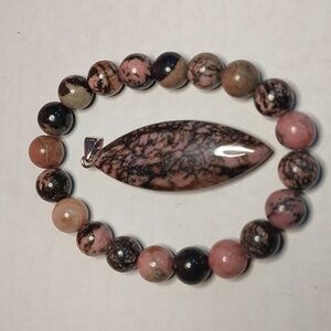 Rhodonite stone pendant and Rhodonite stone 10mm round bracelet bundle #2